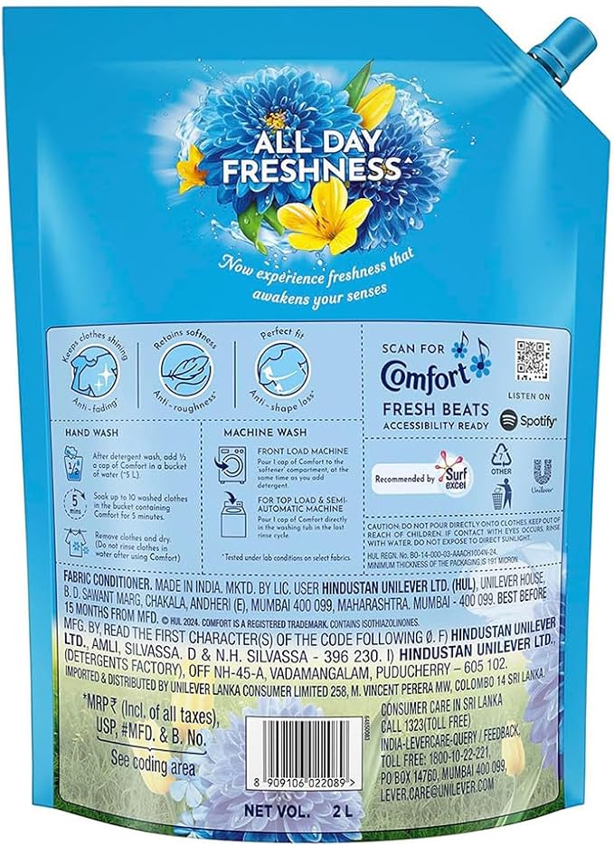 Comfort Fabric Softener, Liquid, Fresh Breeze, 2 Liters