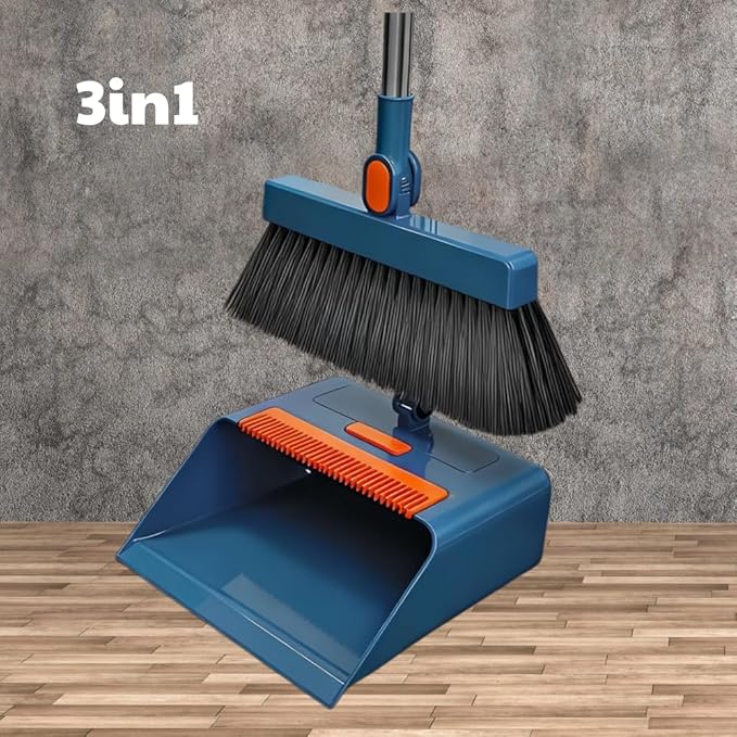3 in 1 Broom and Dustpan Set with Adjustable Push Broom with 48.8“ Long Handle for Floor Sweeping Outdoor Indoor Sweeping Combo for Home & Kitchen (Blue)