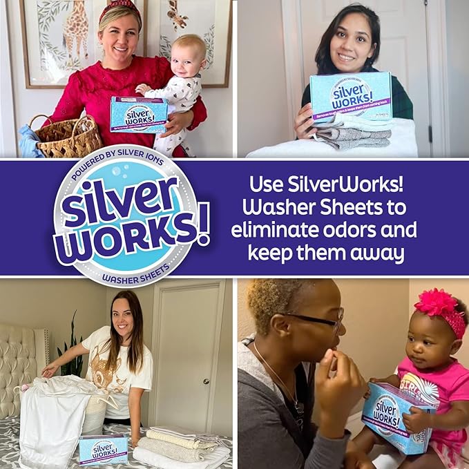 SilverWorks! Deodorizer Laundry Odor Eliminator For Clothes - Natural Silver Ion Infused Washer Sheets - Laundry Deodorizer Odor Eliminator - Lasting Laundry Odor Remover Dryer Deodorizer –24 Loads