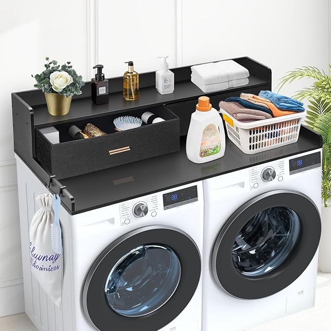 VEVOR 2 Drawers Washer Dryer Countertop with Shelf, 54" x 27" Wooden Laundry Countertop with 2 Hooks & Non-Slip Pads, Washer and Dryer Covers for The Top, Laundry Room Organization and Storage, Black