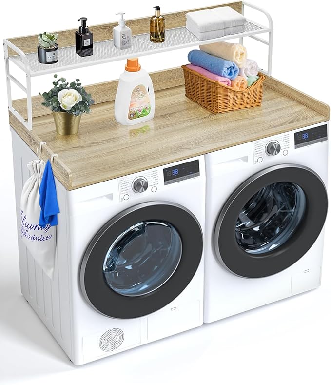 VEVOR Washer Dryer Countertop with 2-Tier Shelf, 54" x 27" Wooden Washer and Dryer Countertop with Anti-Slip Pads, Water-Resistant Laundry Topper Cover for Laundry Room Organization and Storage, Oak