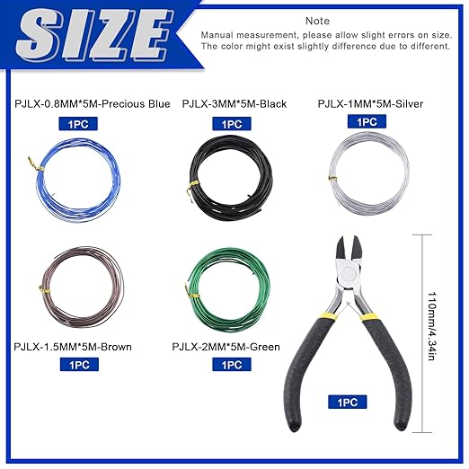 Glarks 5 Rolls Bonsai Wires Kit, 2mm 3mm 0.8mm 1mm 1.5mm Aluminum Bonsai Training Wire Tree Branches with Wire Cutter, 82 Feet Anodized Aluminum Set for Holding Bonsai Branches Small Trunks