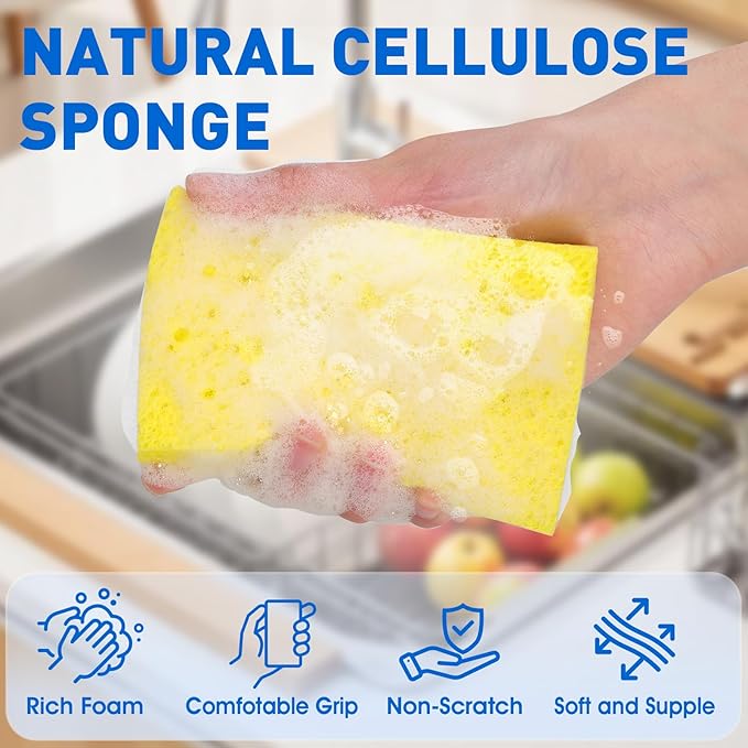 24 Pack Compressed Cellulose Sponge, Non Scratch Kitchen Sponges for Dish Cleaning, Multipurpose Household Cleaning Sponge for Kitchens, Bathrooms, Cars