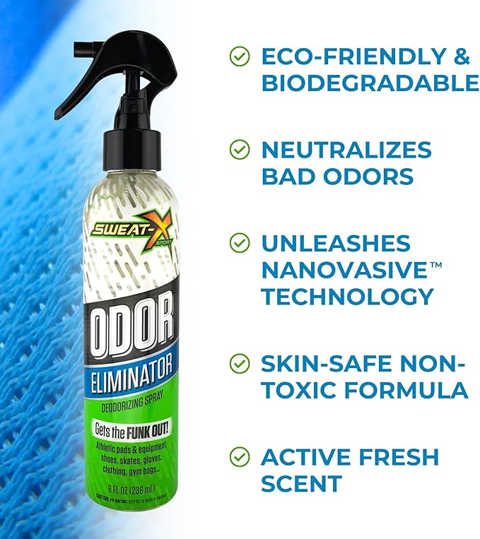 Sweat X Sport Extreme Odor Spray – Multipurpose Deodorizer for Stinky Shoes, Clothes, Sports Equipment & All Fabrics – Concentrated Formula, No Washing Required - Active Fresh Scent – 8 Fl Oz