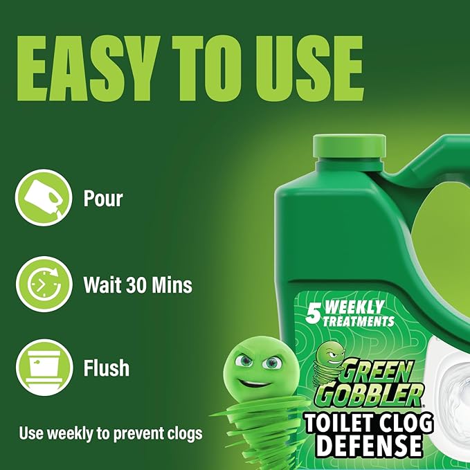 Green Gobbler Toilet Clog Defense - Coats Pipes to PREVENT Toilet Clogs and Improves Flush Performance - Safe for Septic - Great for Old Plumbing, Low & Slow Flow Toilets, 5 Treatments, 60 oz