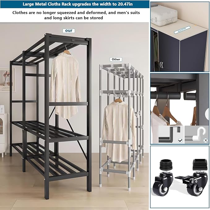 Heavy Duty Covered Clothes Rack with Magnetic Door Foldable Portable Wardrobe Closet for Hanging Clothing Rolling Black Metal Garment Rack on Wheels Closet System (Navy Blue, 74.7in)