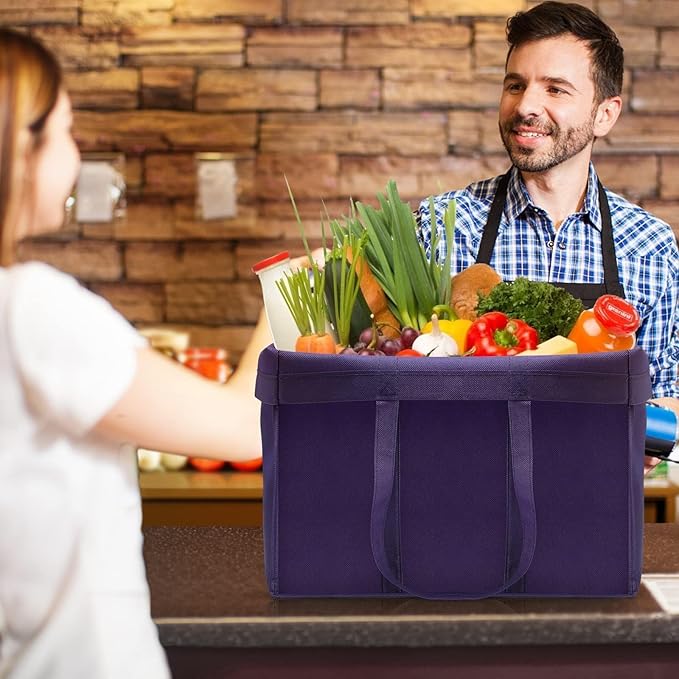 WISELIFE Reusable Grocery Shopping Bags 10 Pack Large Foldable Tote Bags Bulk, Eco Produce Bags with Long Handle for Shopping Groceries Clothes (Purple)