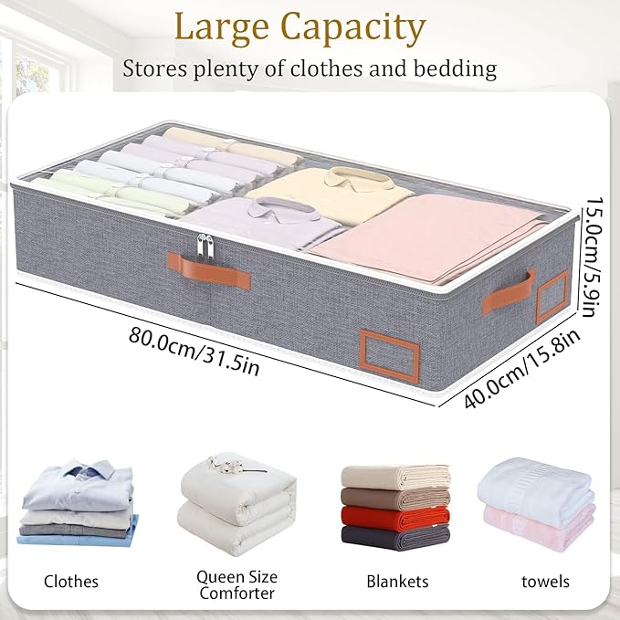 Yawinhe Pack of 2 Underbed Storage Bags, Foldable Clothes Storage with Clear Window, for Duvets, Clothes, 80 x 40 x 15 cm, Grey