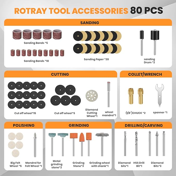 HARDELL 8V Cordless Rotary Tool Kit, 5 Variable Speed, 80 Accessories, 28000RPM, Power Tool for Sanding, Polishing, Engraving, Grinding, Drilling, DIY Crafts