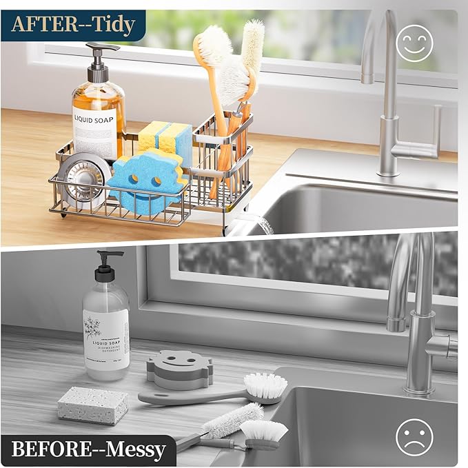 Consuemst Sponge Holder for Kitchen Sink - Auto Draining Sink Caddy Organizer with Detachable Rack, High Brush Holder, Kitchen Countertop Storage Accessories, Silver