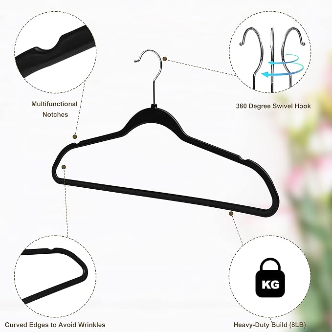 Quality Hangers 20 Pack Plastic Hangers for Clothes - Slim Non-Velvet Hangers with 360° Swivel Chrome Hook & Non Slip Notches - Ideal for Dresses Coats Shirts Jackets & More - Black