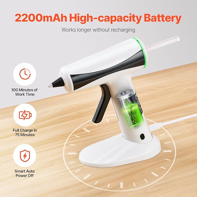 VEVOR Hot Glue Gun, Rechargeable Cordless Glue Gun, Mini Wireless Hot Glue Gun Kit with 2200mAh Battery, 20 Pcs Glue Sticks, Fast Preheating & High Temp, for Crafts, Arts, DIY, Quick Home Repairs