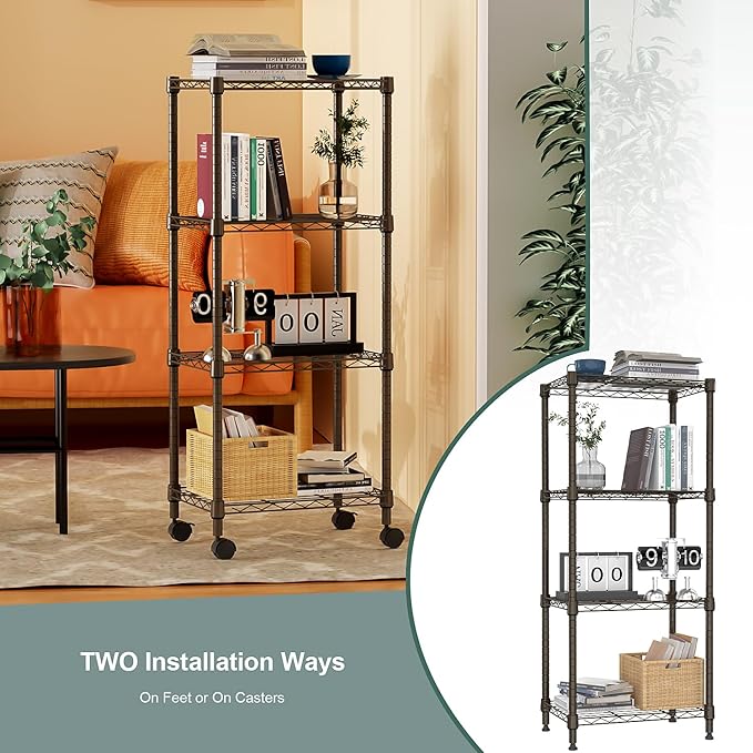 M MZG 1000 lbs 4-Shelf Adjustable Heavy Duty Steel Wire Rack, Adjustable Storage Shelving Unit with Wheel for Kitchen, Garage, Laundry Brown 11.8" D x 17.7" W x 40.8" H