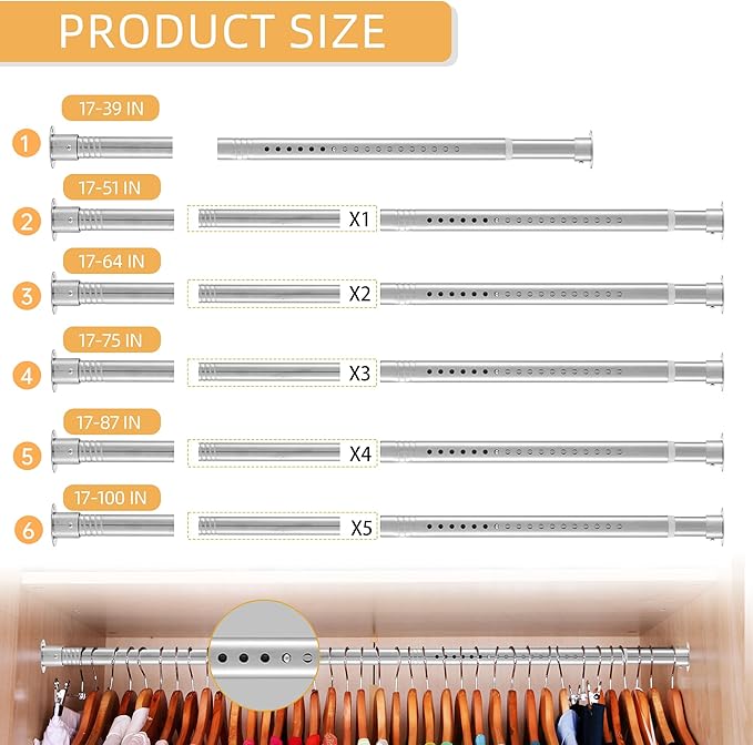 1.3 Inch Diameter Closet Rods for Hanging Clothes 17-39 Inch Adjustable, Metal Heavy Duty Closet Pole, Silver Closet Bar for Hanging Clothes, Suitable for Closet, Wardrobes, Bathroom, Windows