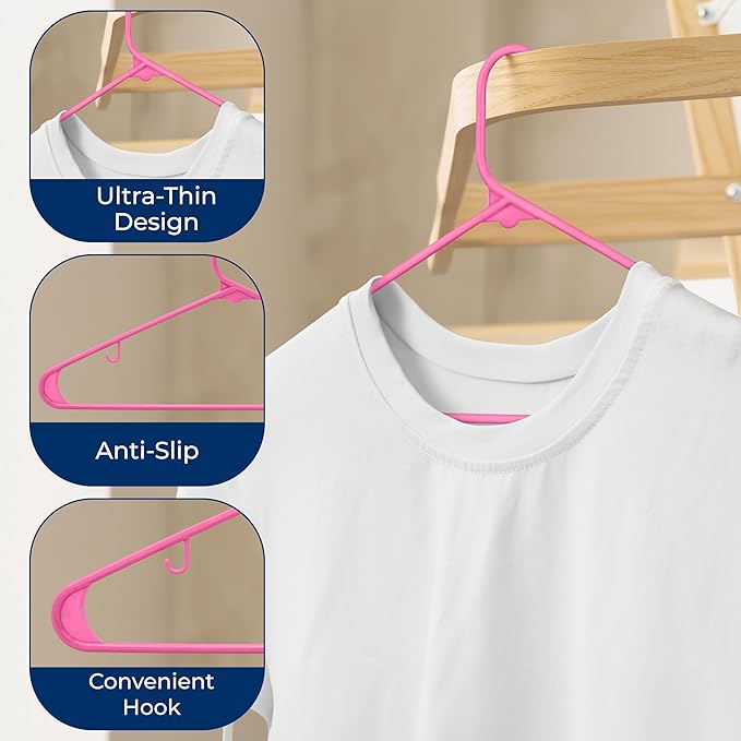 SereneLife Premium 20 Pack Plastic Hangers, Lightweight, Durable, Space Saving Clothes Organizers, Suitable for Shirts, Sweaters, Hoodies, Dresses, Kids Clothes, Good for Home Organization (Pink)