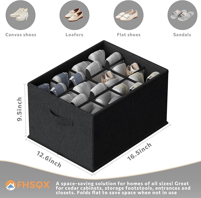 FHSQX 4 Pack Shoe Organizer for Closet,Foldable Shoe Organizer,Fits up to 48 Pairs,Storage Containers With Bottom Support for Shoes (Black, (16.5 * 12.6 * 9.5) x4)