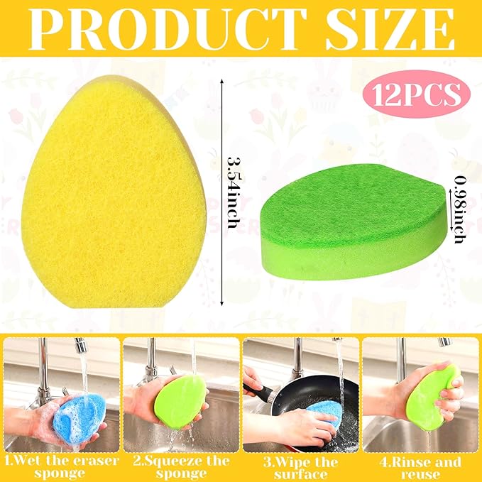 Tioncy 12 Pack Kitchen Sponges Bulk Dual Sided Scrubber Sponges Dishwashing Kitchen Cleaning Accessories for Household Supplies (Easter Eggs,Pink, Green, Blue, Yellow)