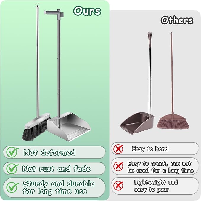 Metal Broom with Dustpan Combo Set-Long Handle Broom with Dustpan,Heavy Duty Standing Dust Pan & Soft Bristles Brooms,Indoor Outdoor Dust Pan Brooms for Home Office Lobby Floor