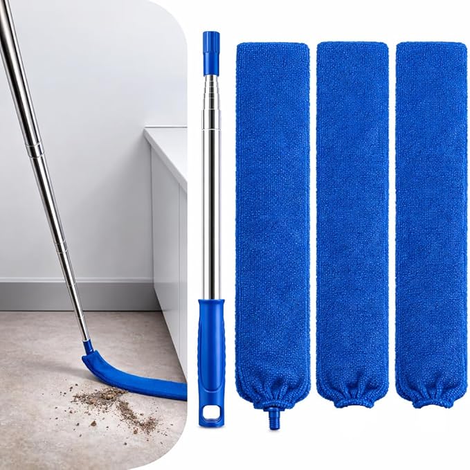 Retractable Gap Dust Cleaner with Extension Pole 30'' to 100'', Cleaning Tools with 3 Microfiber Dusting Cloths, Extendable Long Handle Duster for Cleaning Under Refrigerator Furniture Appliance Blue