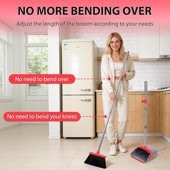 YZO Broom and Dustpan Set, 50.6-Inch Long Handle Standing Design, Dustpan Front Rubber Tight Seal, Broom with 5-Layer Bristles, Suitable for Living Room, Bedroom, Yard, Office and Apartment(Gray&Red)