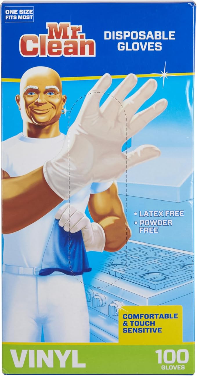 Mr. Clean Vinyl Gloves Disposable Single Use Latex Powder & BPA-Free with Beaded Cuff Construction Touch Sensitivity & Dexterity for Flexible Fit One Size Fits Most, 100-Count