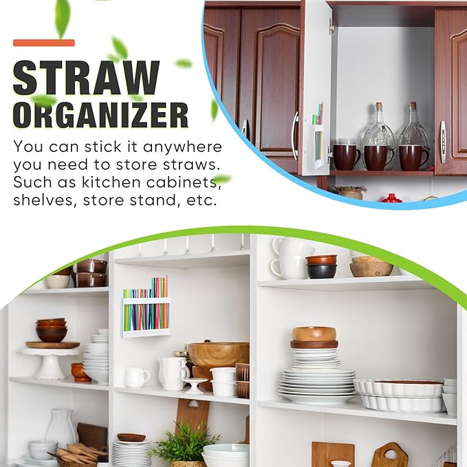 Qinyoung Acrylic Straw Holder for Cabinet Door with Double Sided Adhesive Tape Reusable Straw Organizer Tumbler Storage Kitchen Accessories Container for Counter Cupboard(Wood Texture,Large,White)