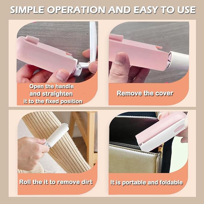 Mini Travel Lint Roller with 150 Sticky Sheets, Compact Portable Pet Hair Remover with Cover for Clothes, Travel, Small Foldable Lint Roller for Purse Car Bag Essentials (Pink)