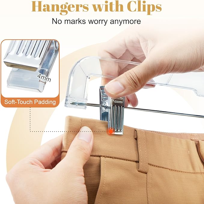 HOUSE DAY Clear Skirt Hangers with Clips, Non-Slip Pants Hangers for Closet, Clip Hanger for Pant, Skirts, Shorts, 14'' Clear Plastic Hanger, Pack of 25