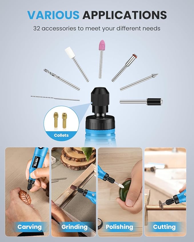 Cordless Rotary Tool Kit, 3.7V 2.0Ah Rechargeable Battery, 18000RPM 5-Speed Multi Power Carving Tools, 31Pcs Accessories, Engraving, Sanding, Grinding, Polishing, Carving, Etching, DIY-Blue ﻿