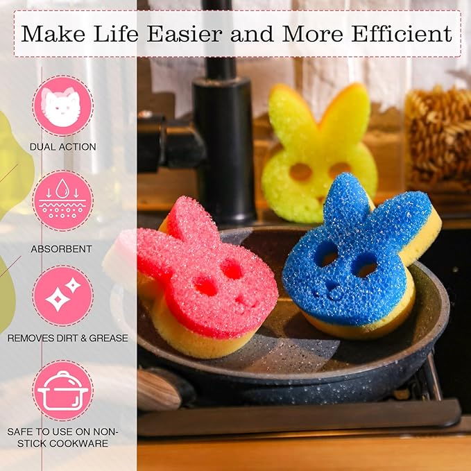 3 Pcs Dual Sided Scrub Sponge Multi Functional Cute Temperature Sensitive Non Scratch Dish Sponge for Washing Dishes Kitchen Bathroom(Rabbit,Pink, Yellow, Blue)