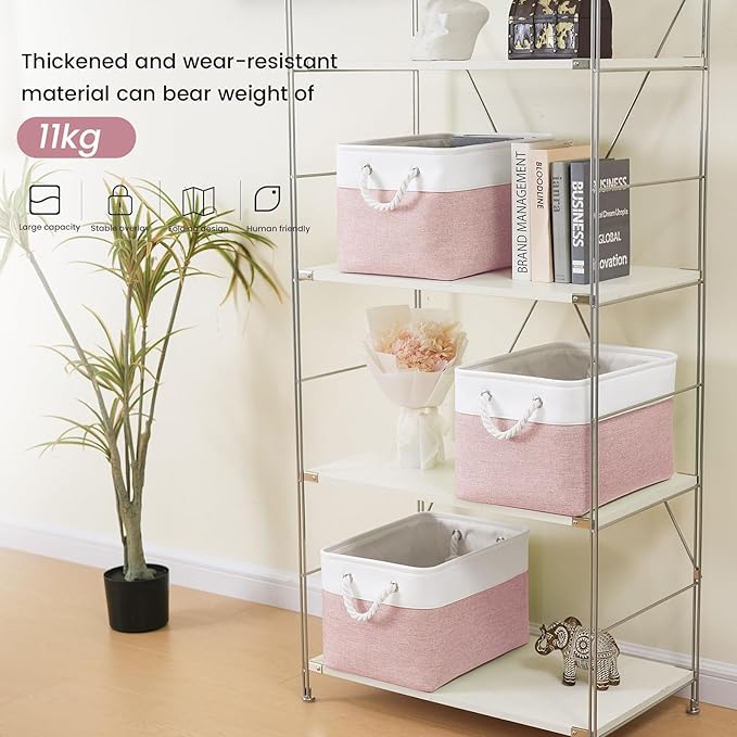 Large Storage Baskets- 15x11x10 inch Storage Bins for Shelves and Closet Organizing, Foldable Fabric Bin for Home Organization Clothes and Laundry (1-Pack, White&Pink)