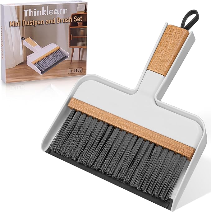 THINKLEARN Mini Dustpan and Brush Set, Portable Broom and Dustpan Combo Set with Bamboo Handle and Soft Rubber Lip, Compact Cleaning Tool for Kids, Car, Desk, Pet, Camping