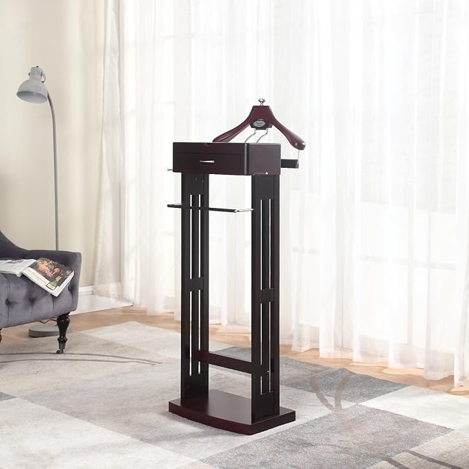 Proman Products Norstar Suit Valet Stand VL16245 with Detachable Hanger, Trouser Bar, Tie Bars, Mirror Tray & Drawer, 20”W x 15” D x 49”H, Mahogany
