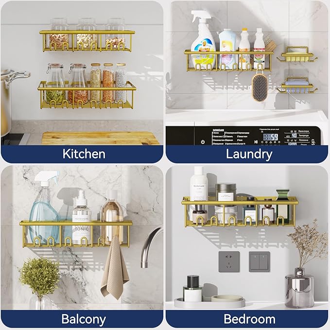 8 Pack Adhesive Rustproof Shower Caddy with Soap Dishes, Toothbrush Holder & Hooks, Large Capacity No-Drilling Shower Shelves Rack for Bathroom Organizers and Storage Accessories, Gold