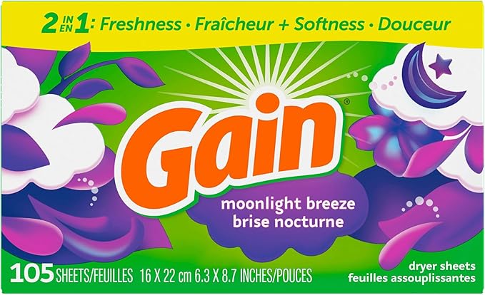Gain dryer sheets, 105 Count, Moonlight Breeze Scent, Laundry Fabric Softener Sheets with 2-in-1 Aromaboost Plus Softness