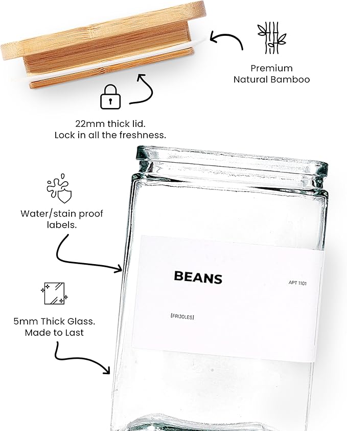 APT 1101 26 oz Glass Storage Jars with Bamboo Lid, set of 6, glass canisters with airtight lids, Clear jars with lids for Cookie, Candy, Tea, Coffee Bean and Rice (White)