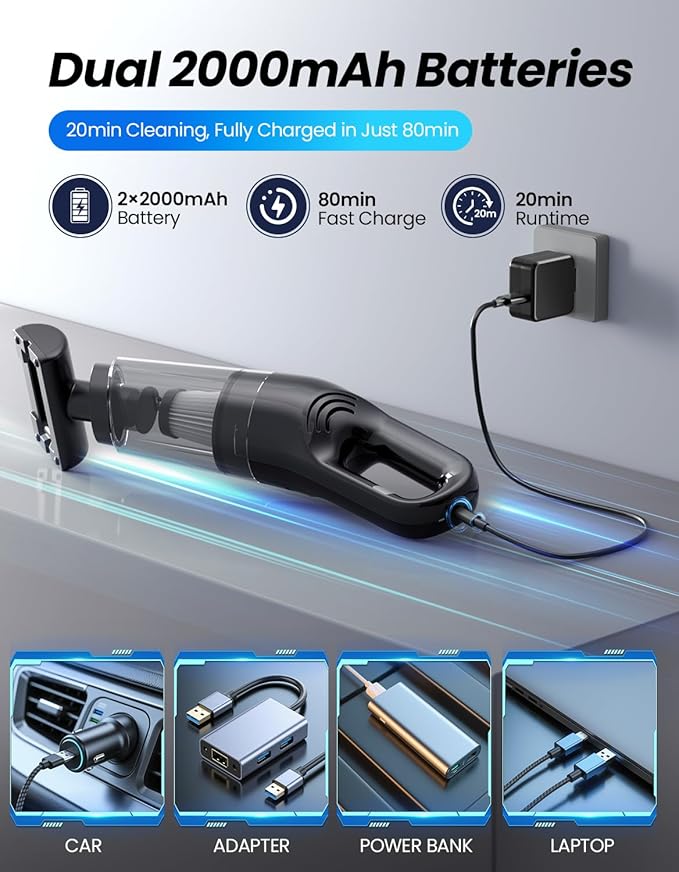 Handheld Vacuum Cordless, 26,000 Pa High Power Suction, Portable Rechargeable Car Vacuum Cleaner for Home, Office, Pet Hair, Car Detailing, Black