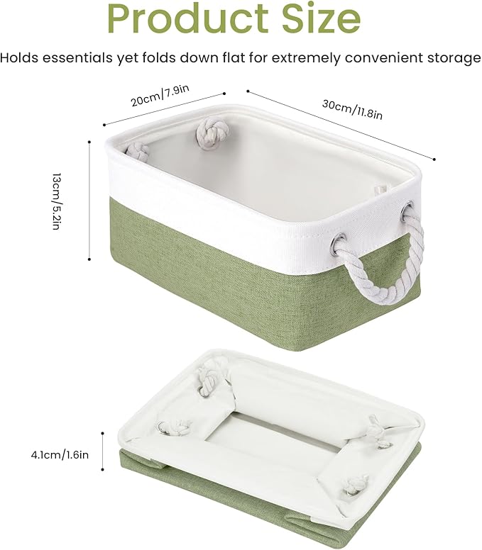 Storage Baskets for Shelves 11.8x7.9x5.2 Inch-Foldable Fabric Organizing Storage Bins with Handles, Closet & Bathroom Organizer, Home Storage for Kitchen, Office (3-Pack, White&Green)