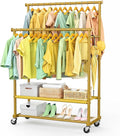 Double Rods Clothes Rack for Hanging Clothes, Heavy Duty Rolling Clothing Rack with Wheels, Freestanding Garment Racks with Oxford Bottom Shelf and Mesh Bottom Shelf for Bedroom Laundry (Gold)