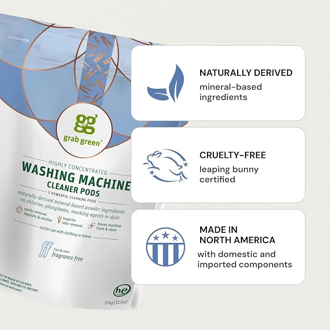 Grab Green Washing Machine Cleaner Pods - Fragrance Free, 5 Cleaning Pods