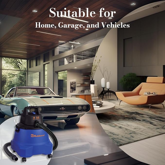 Koblenz WD-9 L212 Wet Dry Vacuum Cleaner, 9 Gallon, 5.0 PHP, 3-in-1 Suction & Blower, Big Vacuum Cleaners for Home, Heavy Duty Shop Vac, Click-N-Lock Hose, Swivel Casters, Black/Blues