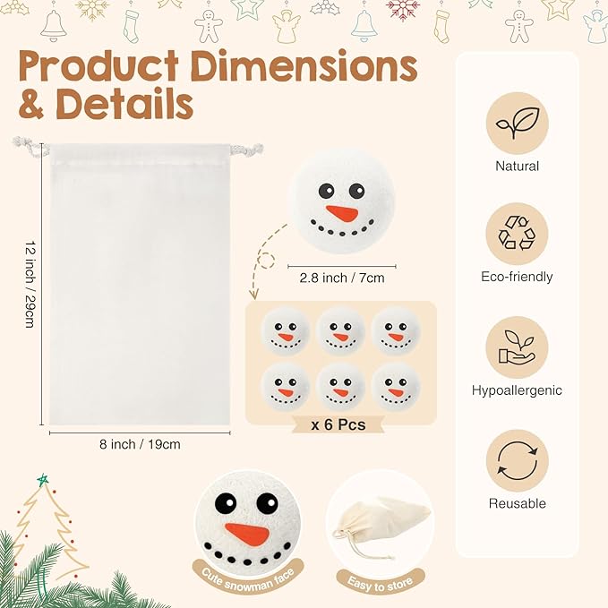 Jenaai 6 Pcs Wool Dryer Balls Bulk for Easter Laundry Basket Cute Organic XL Wool Dryer Laundry Balls Natural Soft Fabric Softener Anti Static Fabric Softener Alternative for Clothes(Snowman Face)
