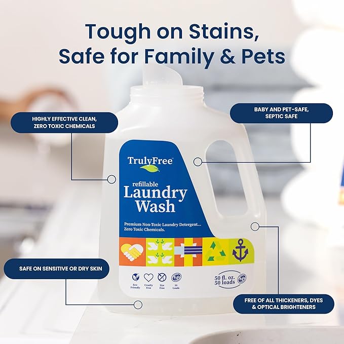 Truly Free Natural Laundry Detergent for Sensitive Skin | Eco Friendly, Plant Based, Baby Clothes Safe | Clean & Easy Powder to Liquid, Unscented | Refill Only (200 Loads)