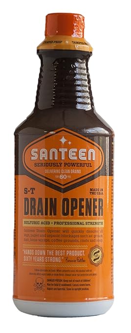 Santeen S‑T Drain Opener – Professional Strength Liquid Drain Cleaner for Sinks, Toilets & Showers – Dissolves Grease & Organic Buildup – PVC & Septic Safe – Case of 6 (32 oz)