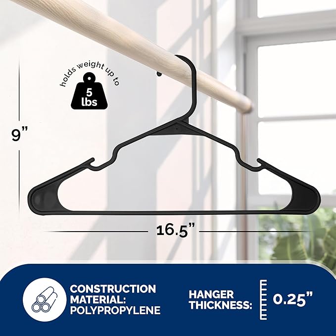 Closetselect Plastic Hangers 50 Pack - Space Saving Clothes Hangers, Made in USA, Durable & Strong Plastic Shirt & Coat Hanger with Notches & Shoulder Grooves, Non-Slip Clothing Hangers | Black