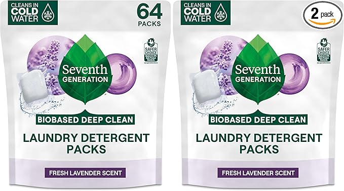 Seventh Generation Laundry Detergent Packs,Lavender,Biobased Deep Clean,EPA Safer Choice Certified,64 Count (Pack of 2)