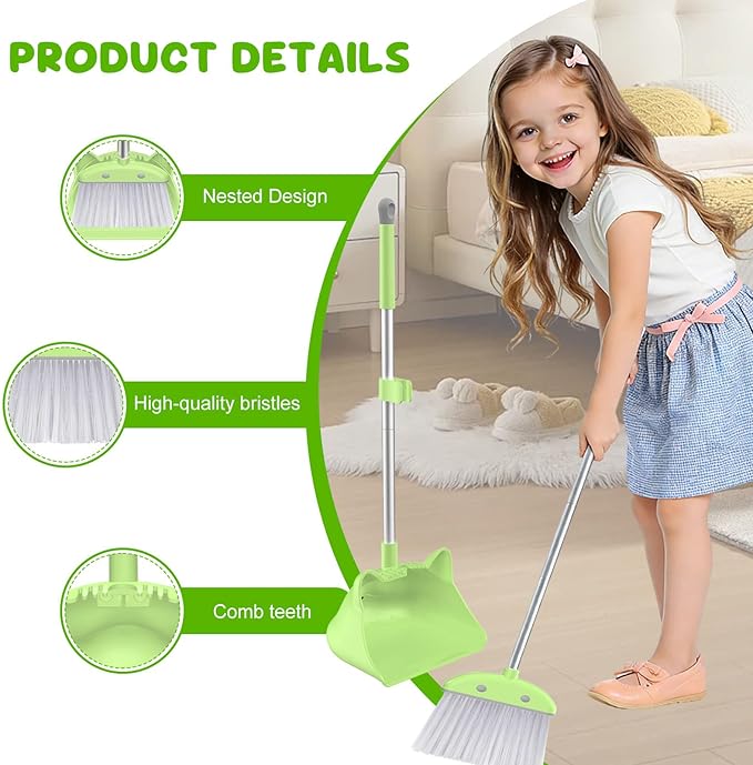 Mini Broom with Dustpan for Kids, 28-in Handle Kids Broom and Dustpan Set for Toddlers Cat-Shaped Children Broom and Cleaning Set Boys Girls Small Housekeeping Helper Set, Green