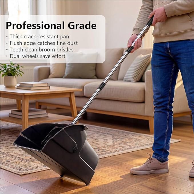 Jumbo Commercial Dustpan with Wheels & Comb Teeth - Heavy Duty Rolling Debris Pan - Long Handle Extra Large Upright Dust Pan for Industrial Warehouse Garage Restaurant Sidewalk Outdoor - Black