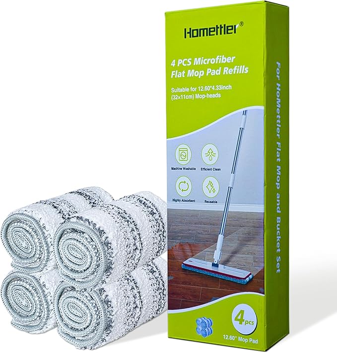 Flat Mop Pads, Machine Washable Pads, Microfiber Mop Cleaning Pads, Replacement Flat Mop and Bucket Set, Pack of 4 Pcs 12.60×4.33 inch