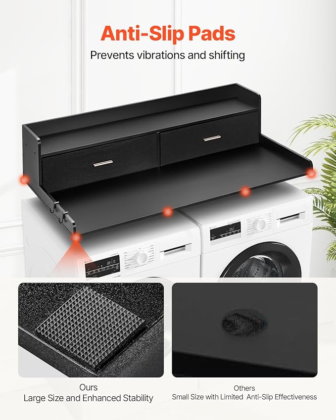VEVOR 2 Drawers Washer Dryer Countertop with Shelf, 54" x 27" Wooden Laundry Countertop with 2 Hooks & Non-Slip Pads, Washer and Dryer Covers for The Top, Laundry Room Organization and Storage, Black